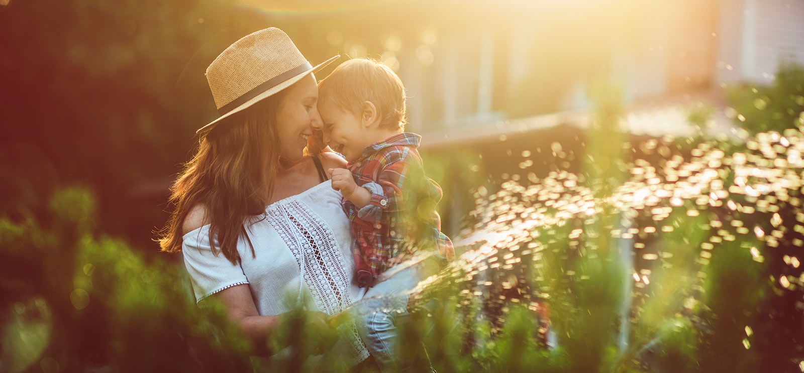 Mother and child in back yard